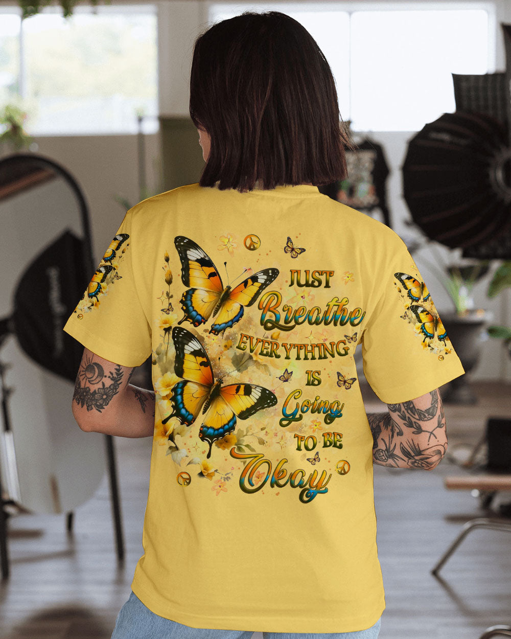 Just Breathe Everything Is Going To Be Okay Inspirational Butterfly AOP Shirts _1_ 0fKYF