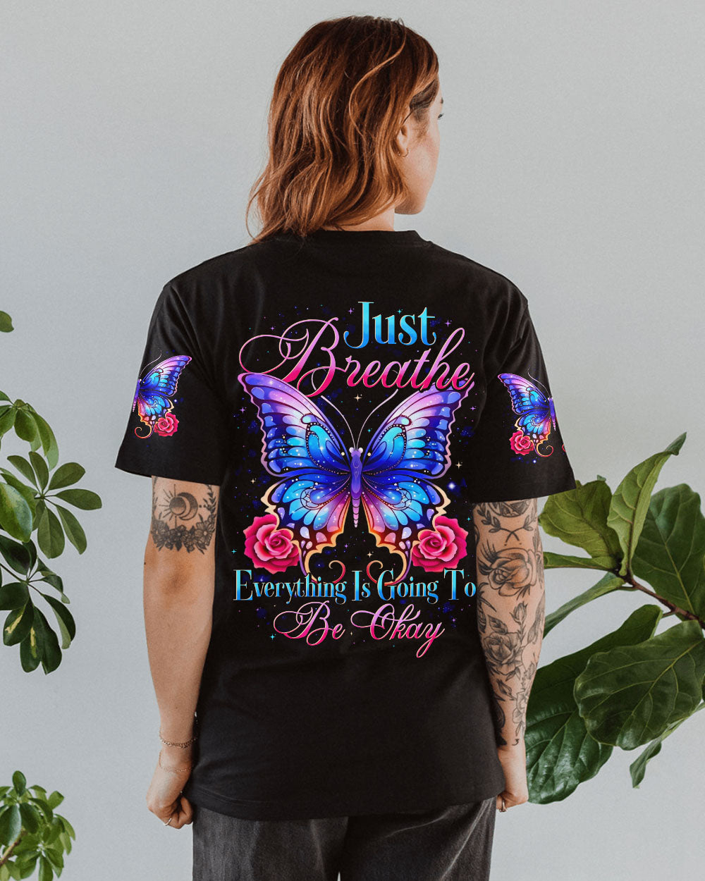 Just Breathe Everything Is Going To Be Okay Inspirational Butterfly Graphic AOP Shirts _1_ RZiU4