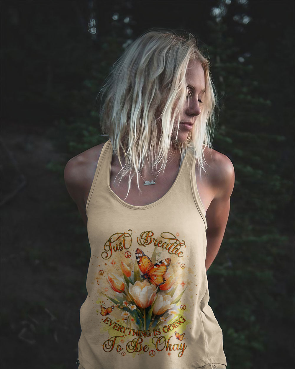 Just Breathe Everything Is Going To Be Okay Inspirational Butterfly Tulip Floral AOP Shirts _11_ wwzSi