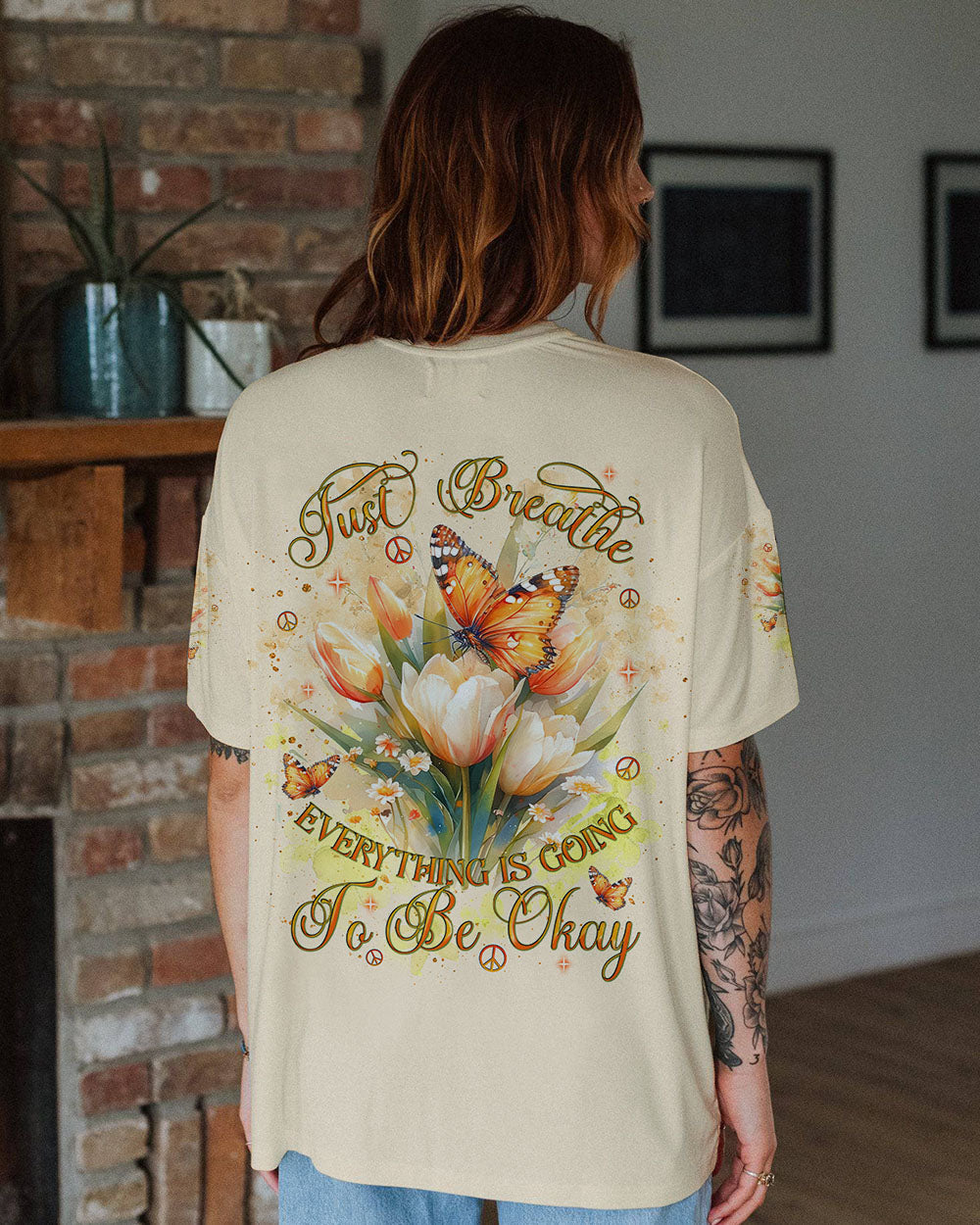 Just Breathe Everything Is Going To Be Okay Inspirational Butterfly Tulip Floral AOP Shirts _1_ b99U8