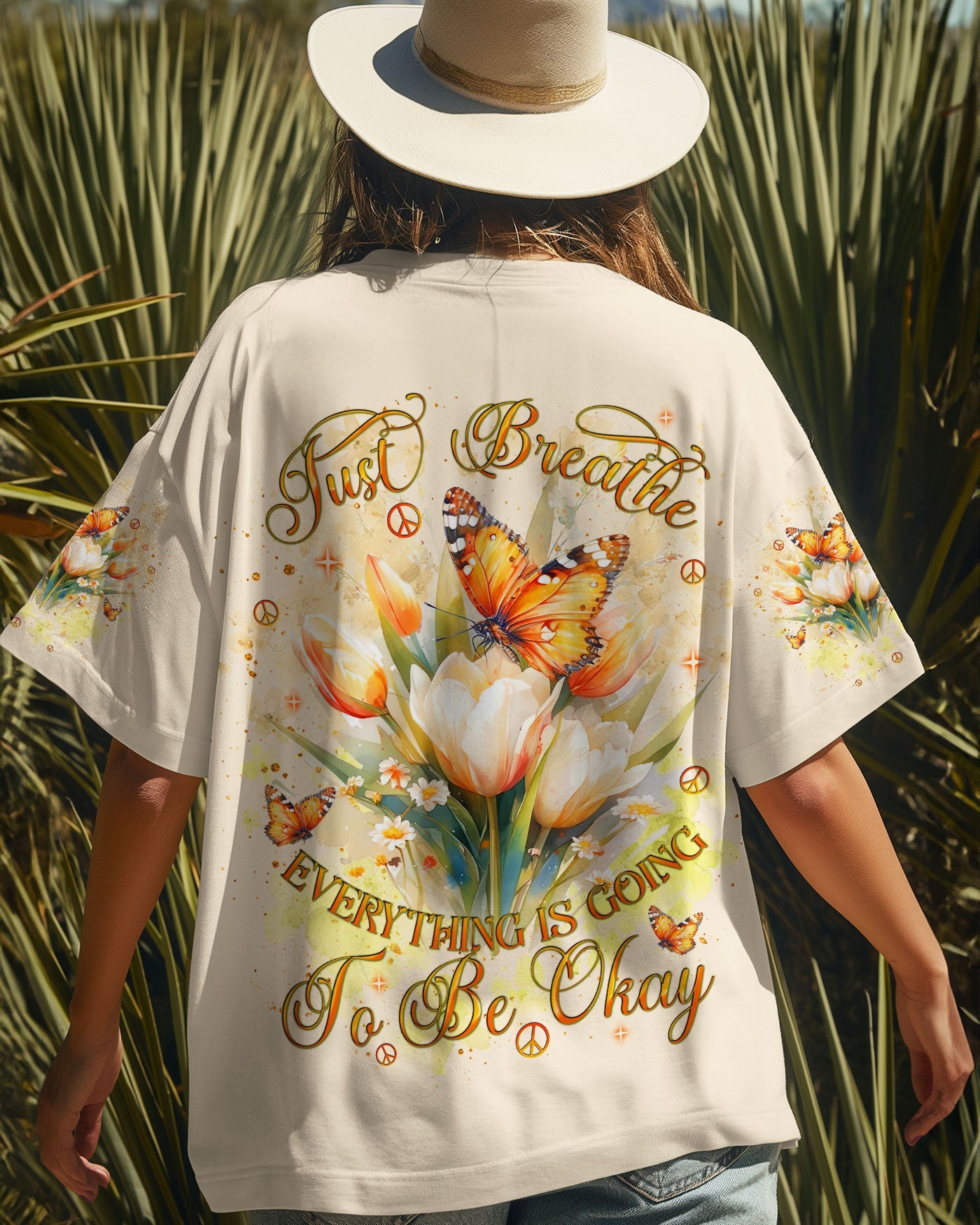 Just Breathe Everything Is Going To Be Okay Inspirational Butterfly Tulip Floral AOP Shirts _3_ 8JFlp