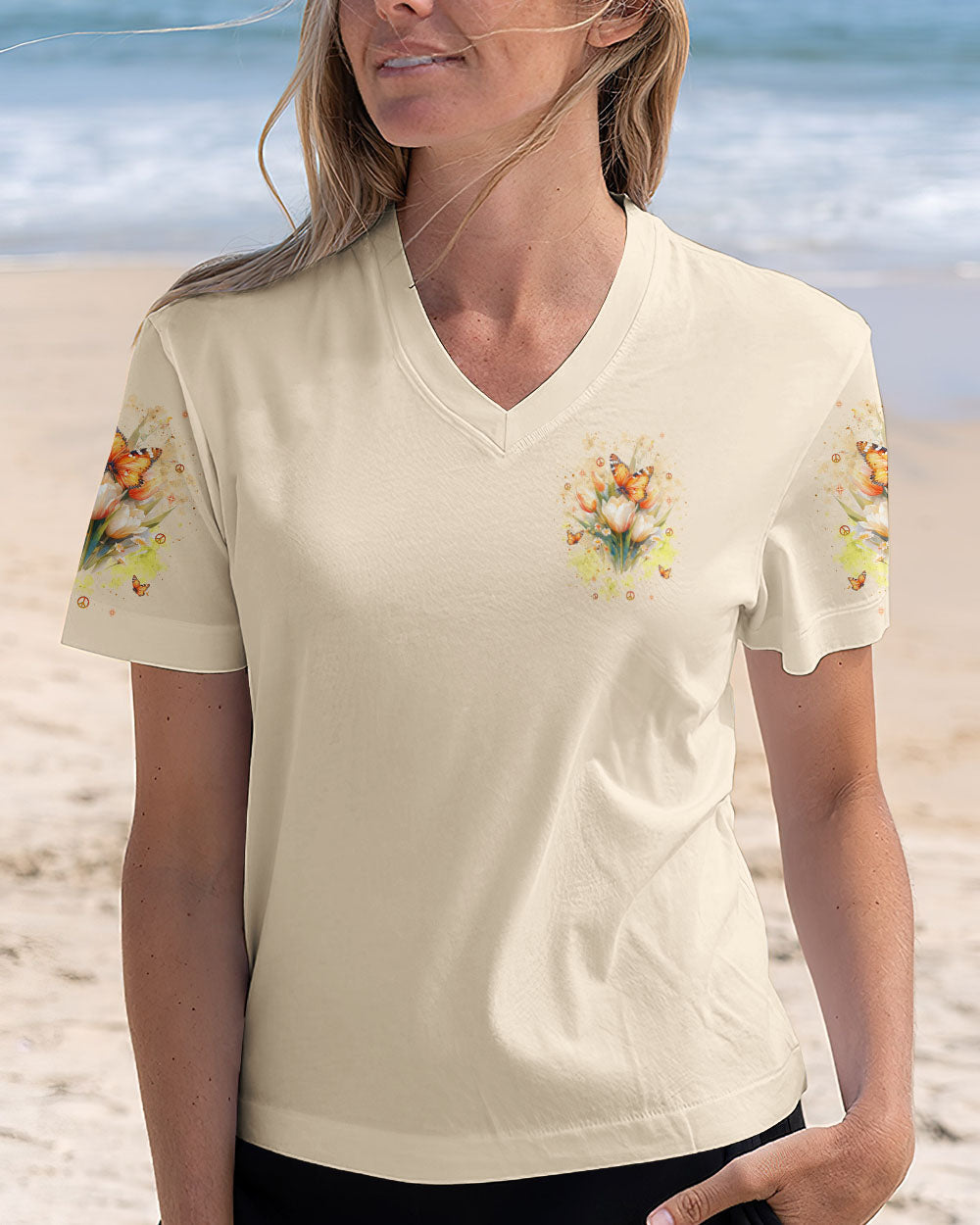 Just Breathe Everything Is Going To Be Okay Inspirational Butterfly Tulip Floral AOP Shirts _4_ D6hPg