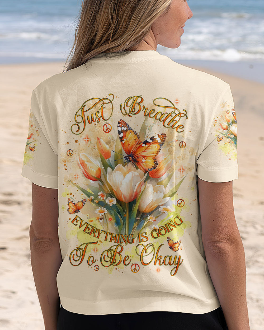 Just Breathe Everything Is Going To Be Okay Inspirational Butterfly Tulip Floral AOP Shirts _5_ goVwb