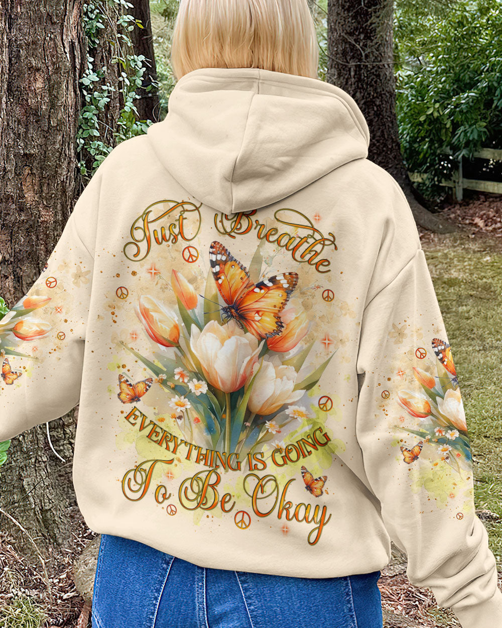 Just Breathe Everything Is Going To Be Okay Inspirational Butterfly Tulip Floral AOP Shirts _7_ EMryj
