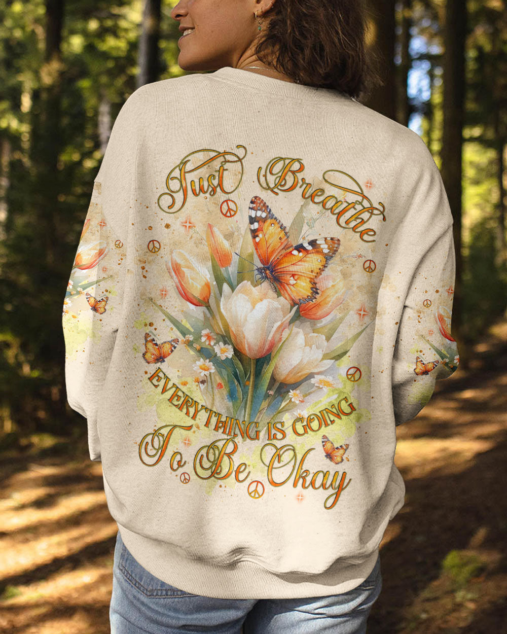 Just Breathe Everything Is Going To Be Okay Inspirational Butterfly Tulip Floral AOP Shirts _9_ Dquhm