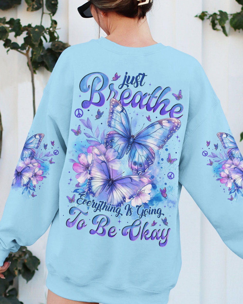 Just Breathe Everything Is Going To Be Okay Light Blue Butterfly AOP Shirts _12_ 39ubY