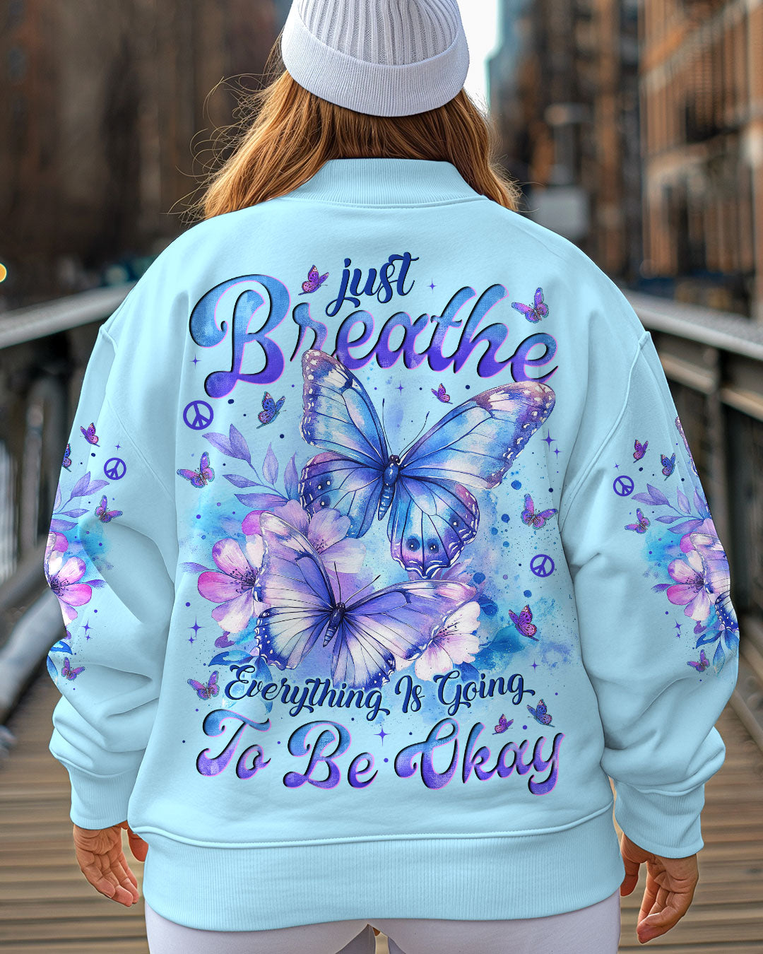 Just Breathe Everything Is Going To Be Okay Light Blue Butterfly AOP Shirts _7_ hij7m