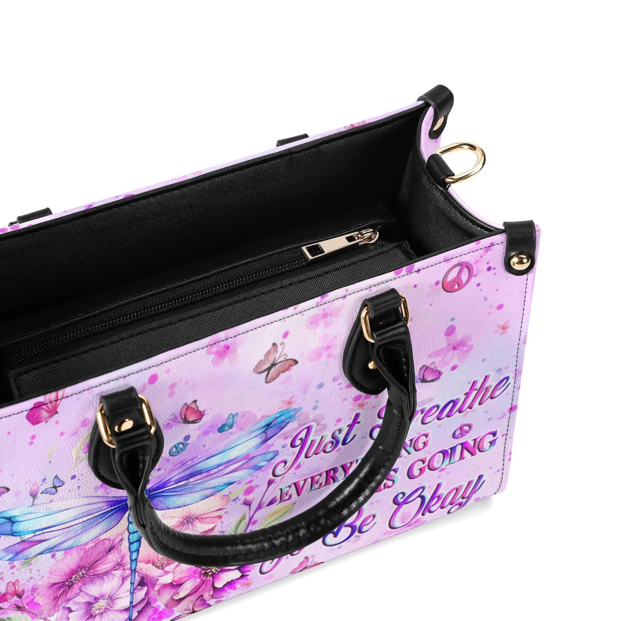 Just Breathe Everything Is Going To Be Okay Motivational Dragonfly with Pink Floral Leather Bag _10_ x1300