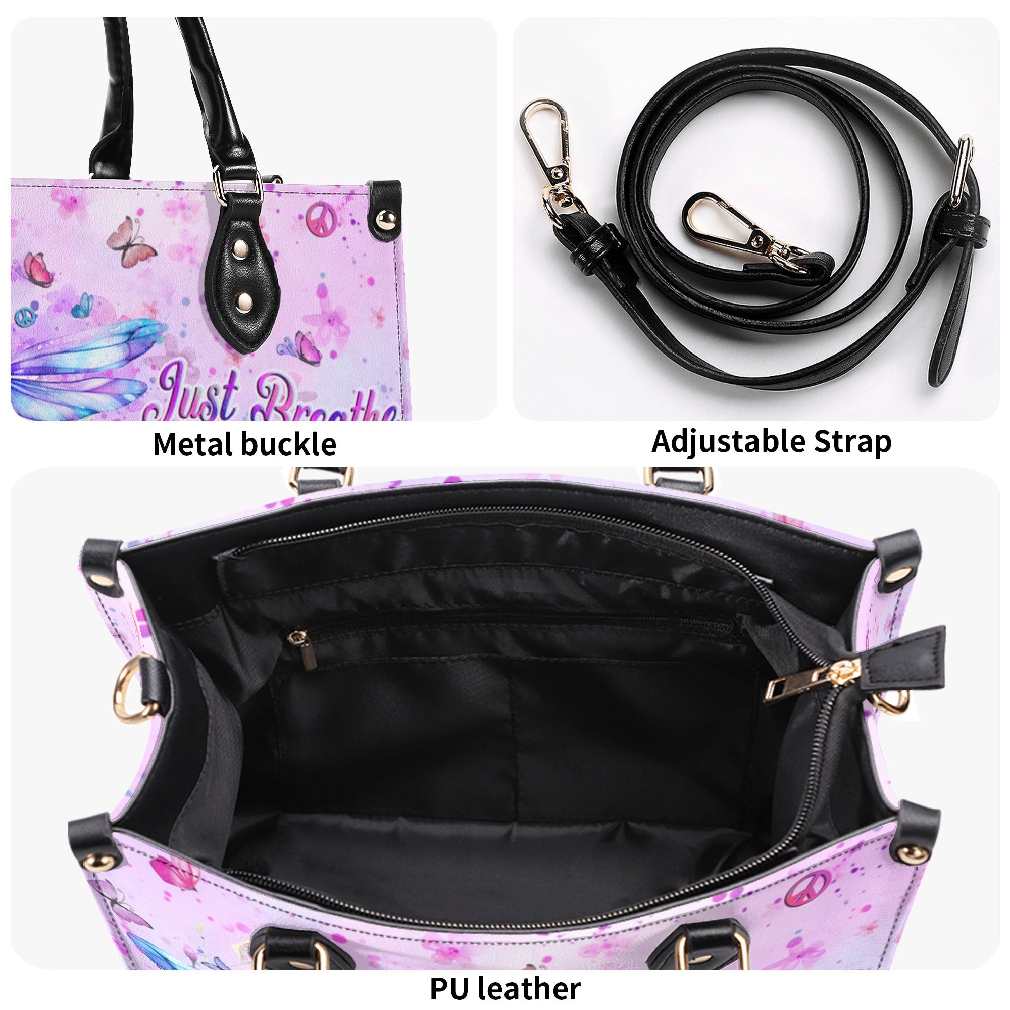 Just Breathe Everything Is Going To Be Okay Motivational Dragonfly with Pink Floral Leather Bag _11_ L63og