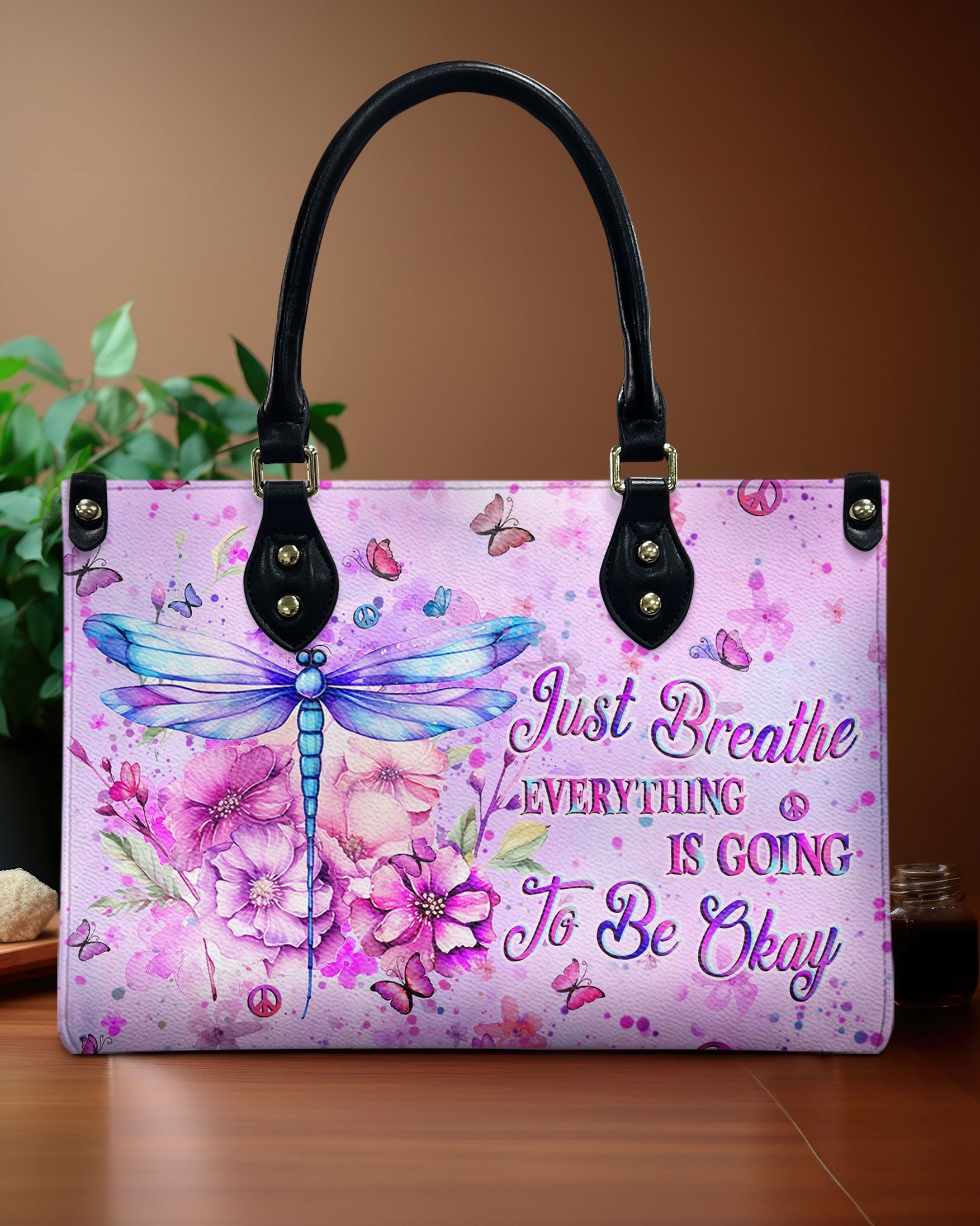 Just Breathe Everything Is Going To Be Okay Motivational Dragonfly with Pink Floral Leather Bag _1_ 4e1U8