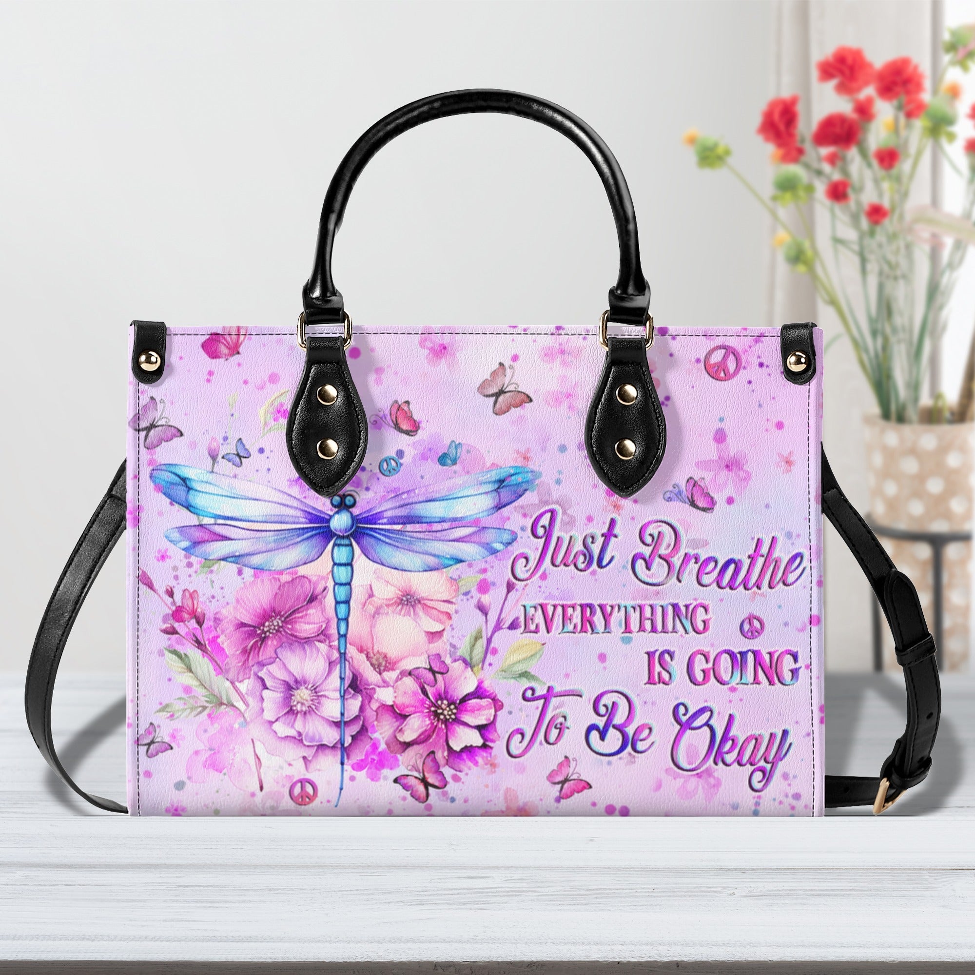 Just Breathe Everything Is Going To Be Okay Motivational Dragonfly with Pink Floral Leather Bag _3_ jLkfT