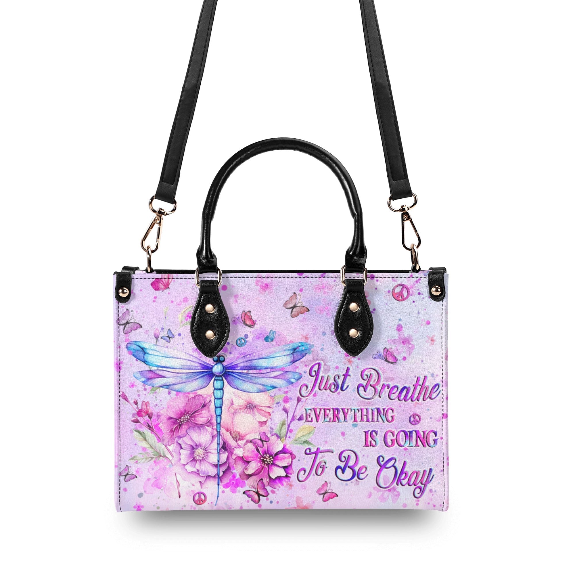 Just Breathe Everything Is Going To Be Okay Motivational Dragonfly with Pink Floral Leather Bag _5_ juSRD