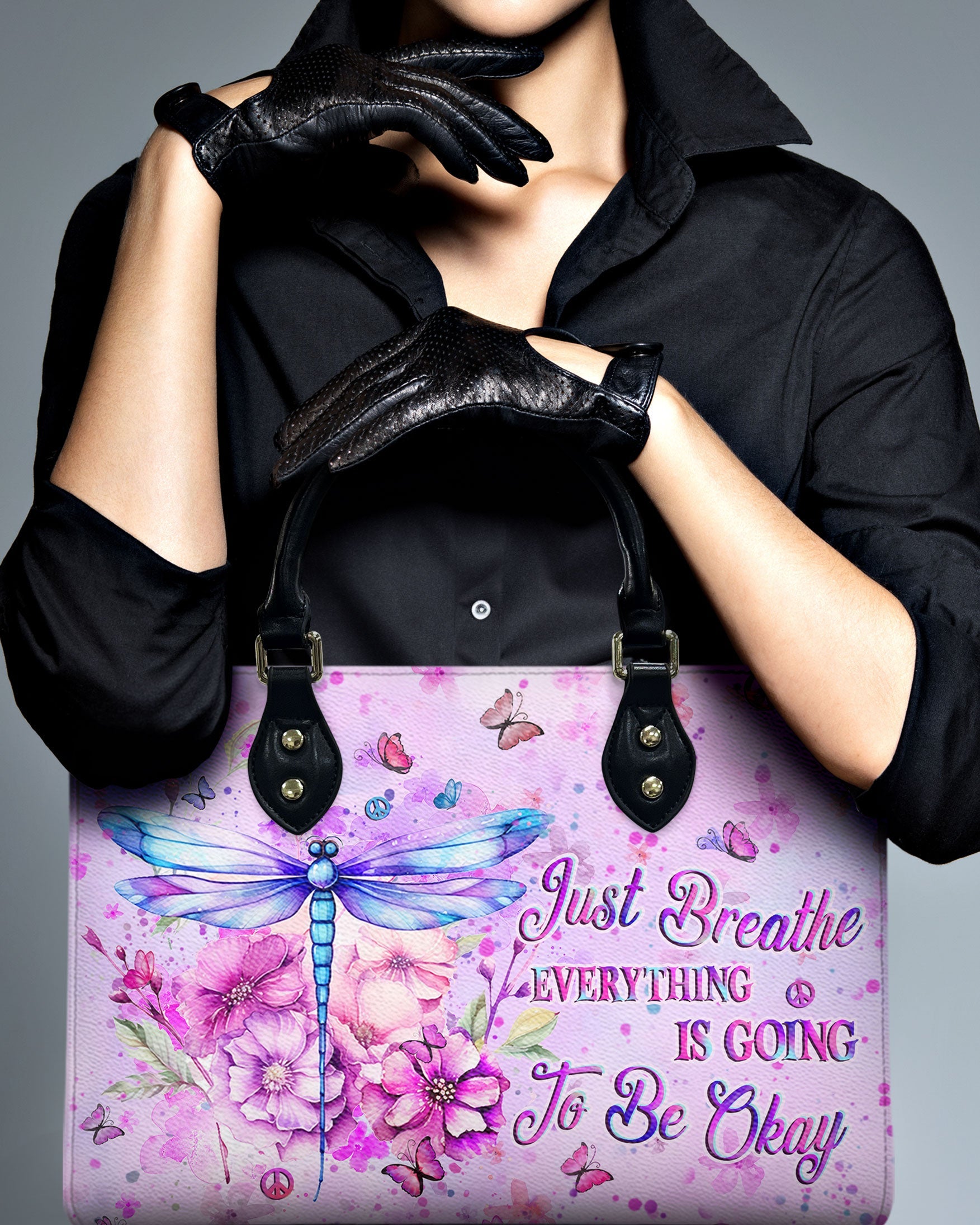 Just Breathe Everything Is Going To Be Okay Motivational Dragonfly with Pink Floral Leather Bag _6_ rCWpZ