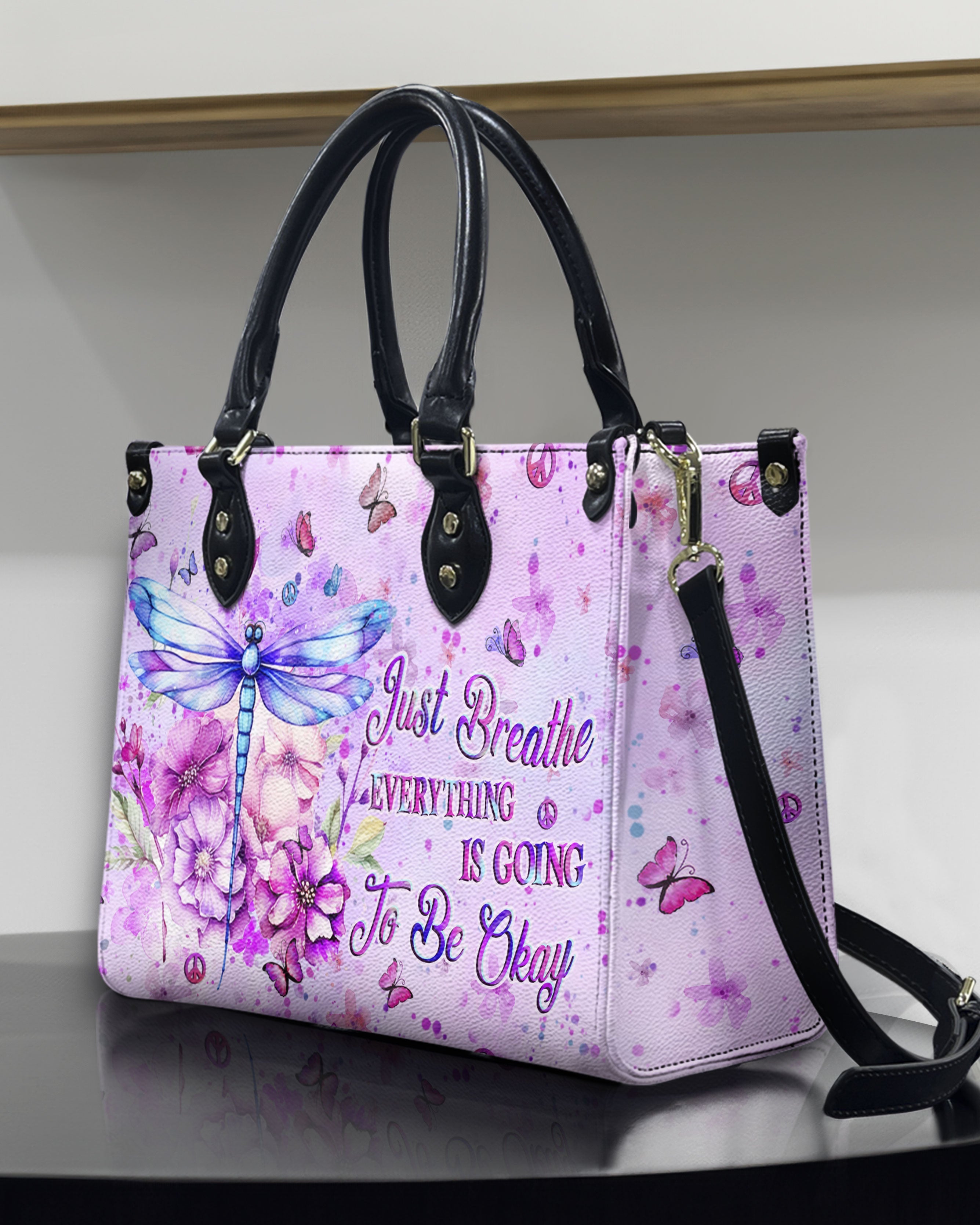 Just Breathe Everything Is Going To Be Okay Motivational Dragonfly with Pink Floral Leather Bag _7_ Z6aR1