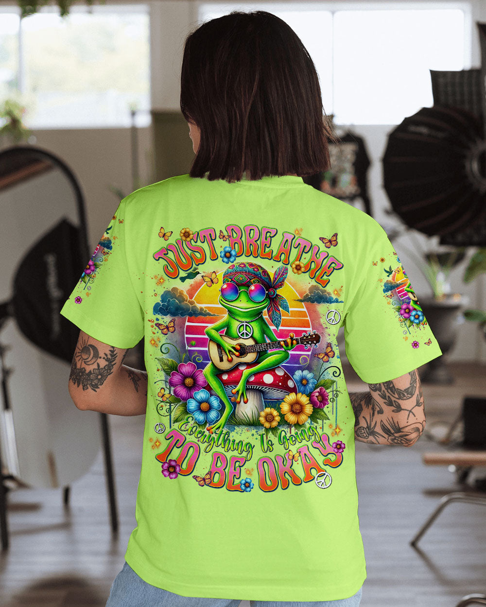 Just Breathe Everything Is Going To Be Okay Peace Frog Playing Guitar AOP Shirts _10_ 6FTOt