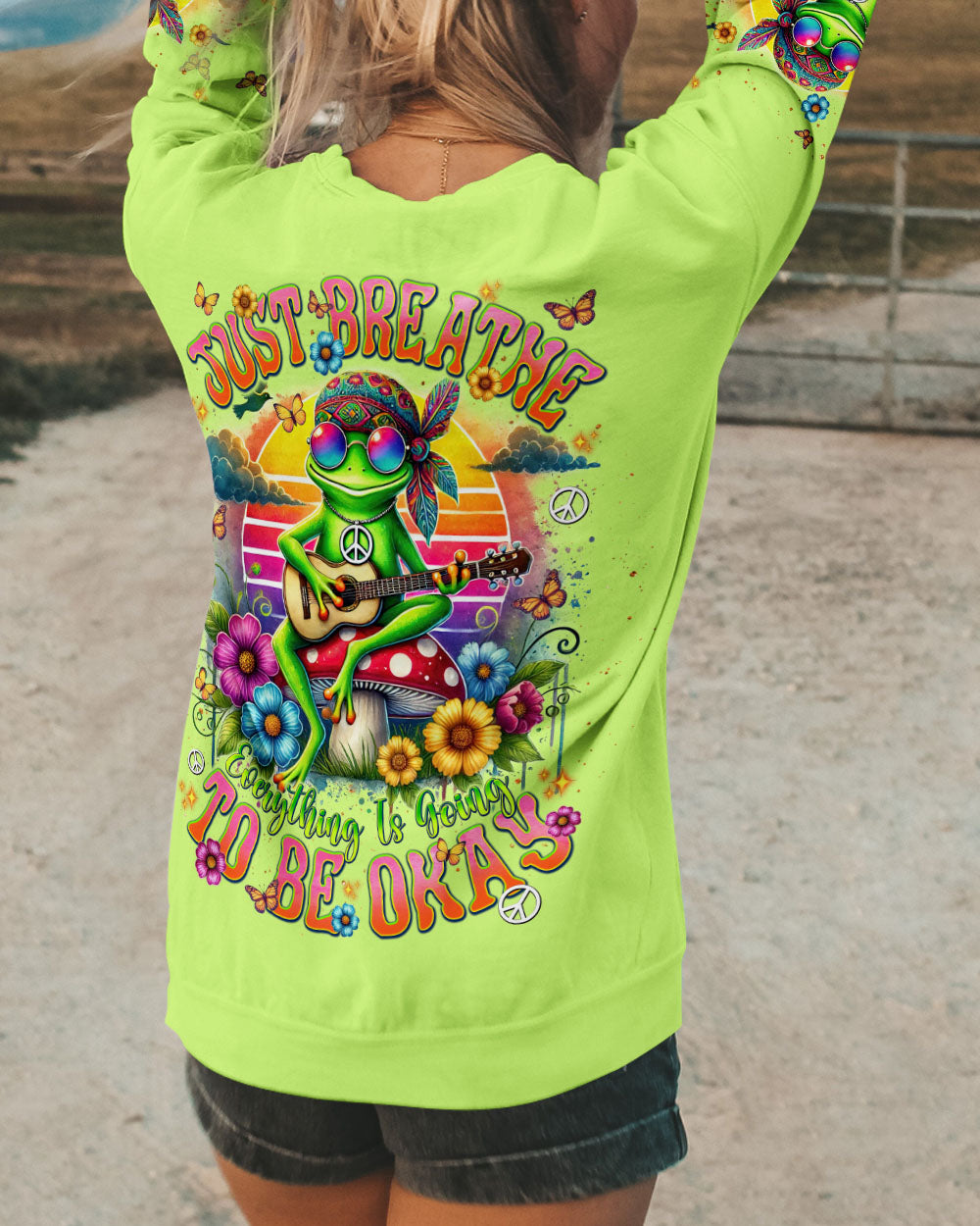 Just Breathe Everything Is Going To Be Okay Peace Frog Playing Guitar AOP Shirts _3_ rIJ1T
