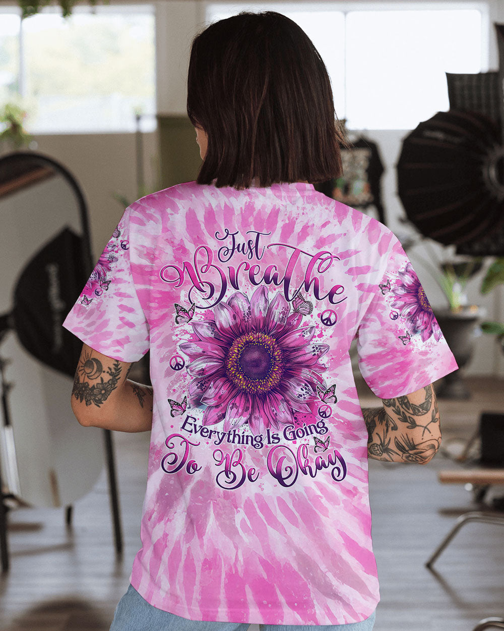 Just Breathe Everything Is Going To Be Okay Pink Tie Dye Sunflower AOP Shirts _11_ 7Dnxa