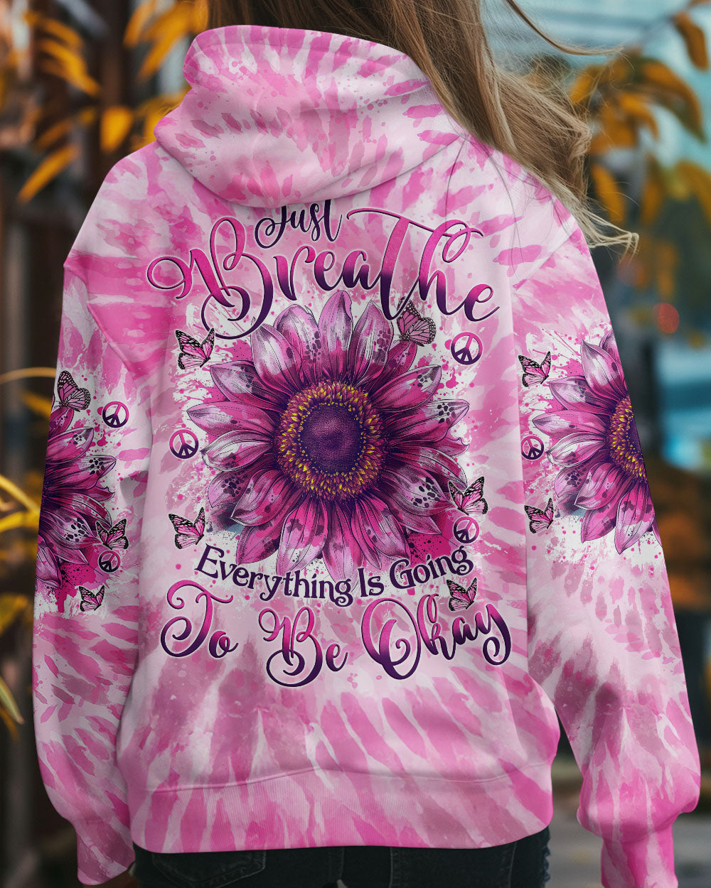 Just Breathe Everything Is Going To Be Okay Pink Tie Dye Sunflower AOP Shirts _1_ 1m16a