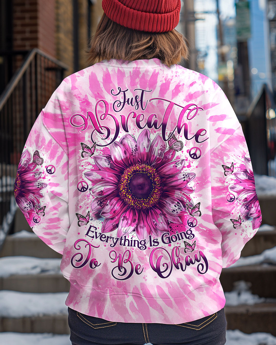 Just Breathe Everything Is Going To Be Okay Pink Tie Dye Sunflower AOP Shirts _3_ EaCpT