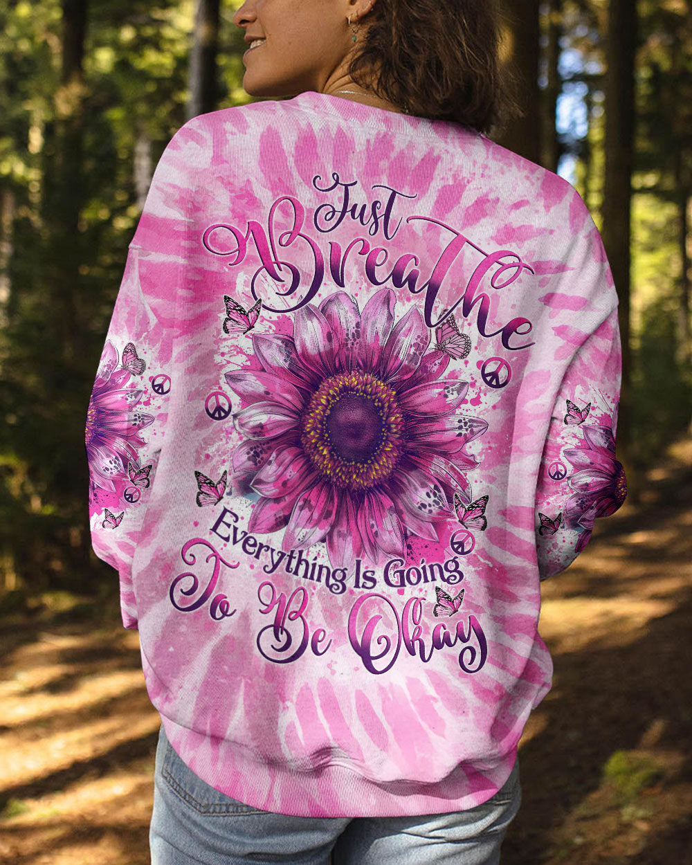 Just Breathe Everything Is Going To Be Okay Pink Tie Dye Sunflower AOP Shirts _9_ iOjVM