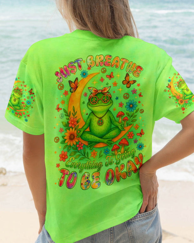 Just Breathe Everything Is Going To Be Okay - Tie-Dye Frog Graphic Tee for Women - AOP Shirts