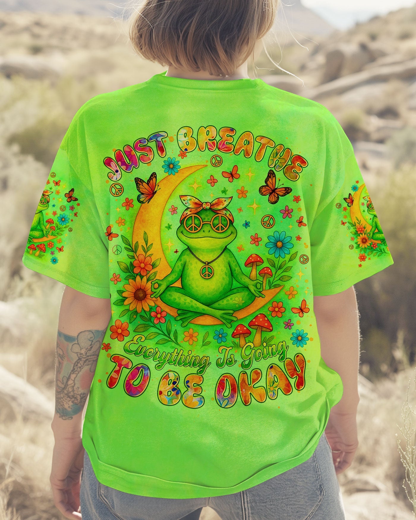 Just Breathe Everything Is Going To Be Okay Tie Dye Frog Graphic Tee for Women AOP Shirts _4_ nYKdu