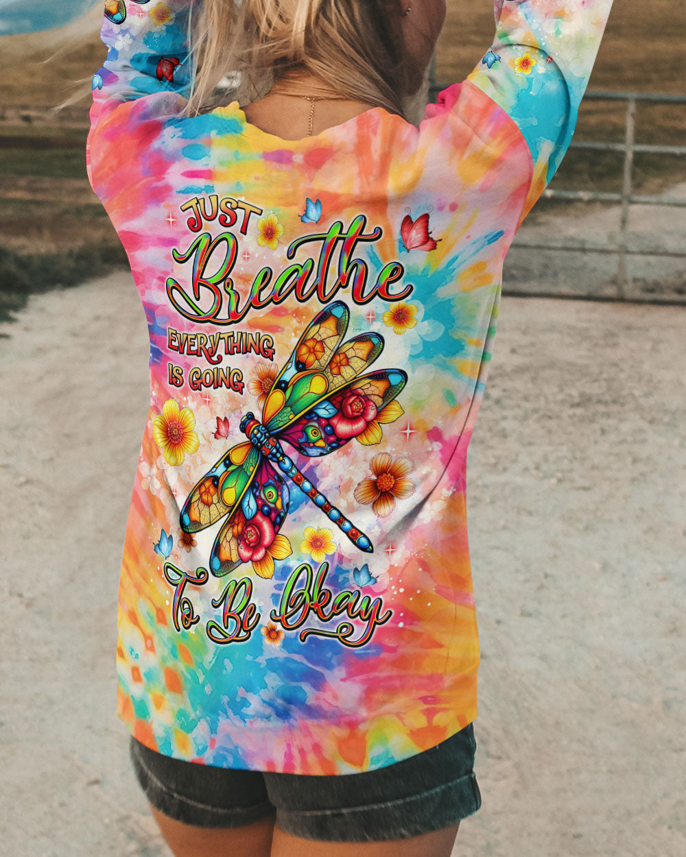 Just Breathe Everything Is Going To be Okay Tie Dye Dragonfly Graphic Tee for Women AOP Shirts _10_ psj6H