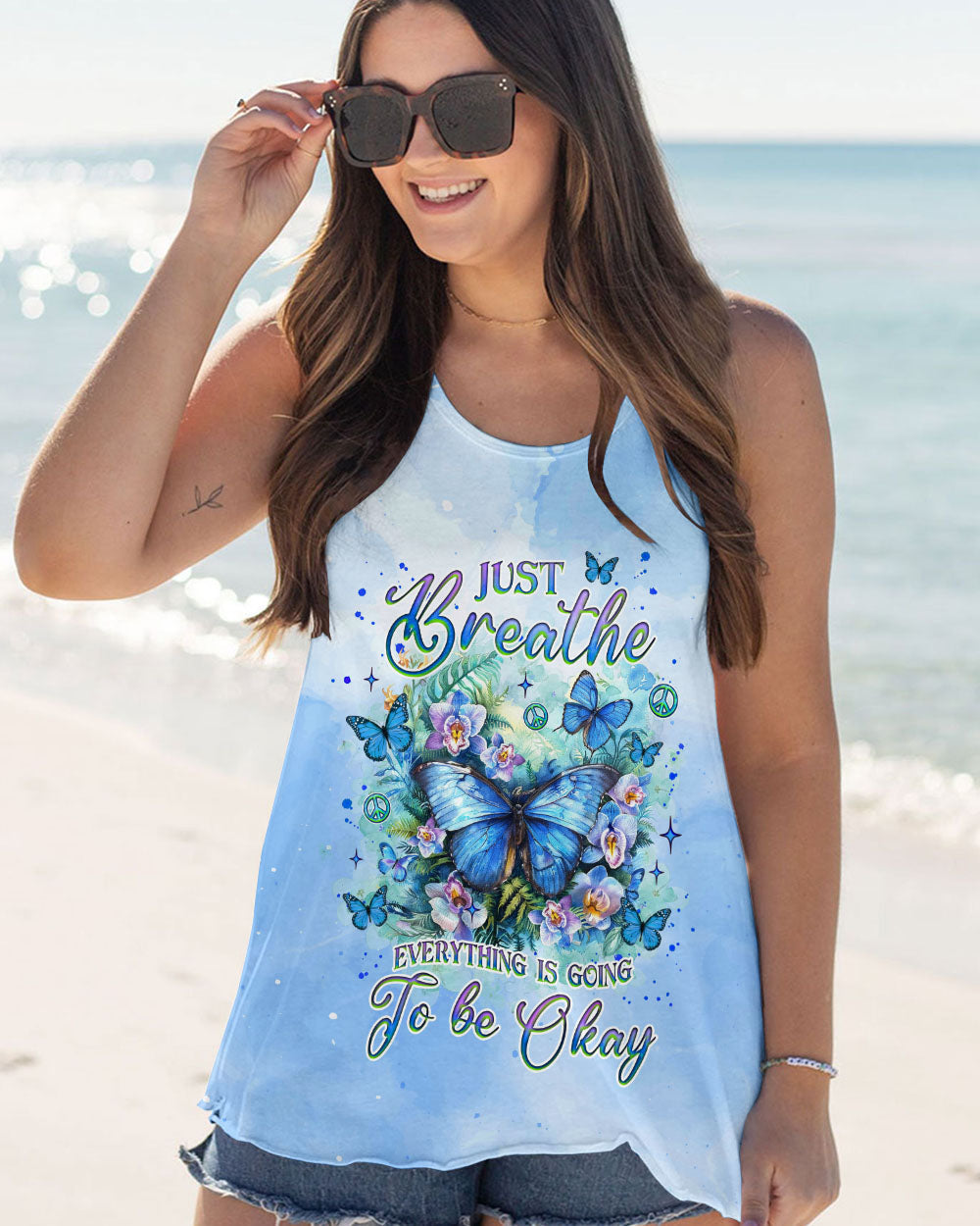 Just Breathe Everything Is Going to Be Okay Blue Butterfly Tie Dye AOP Shirts _12_ TaZOw