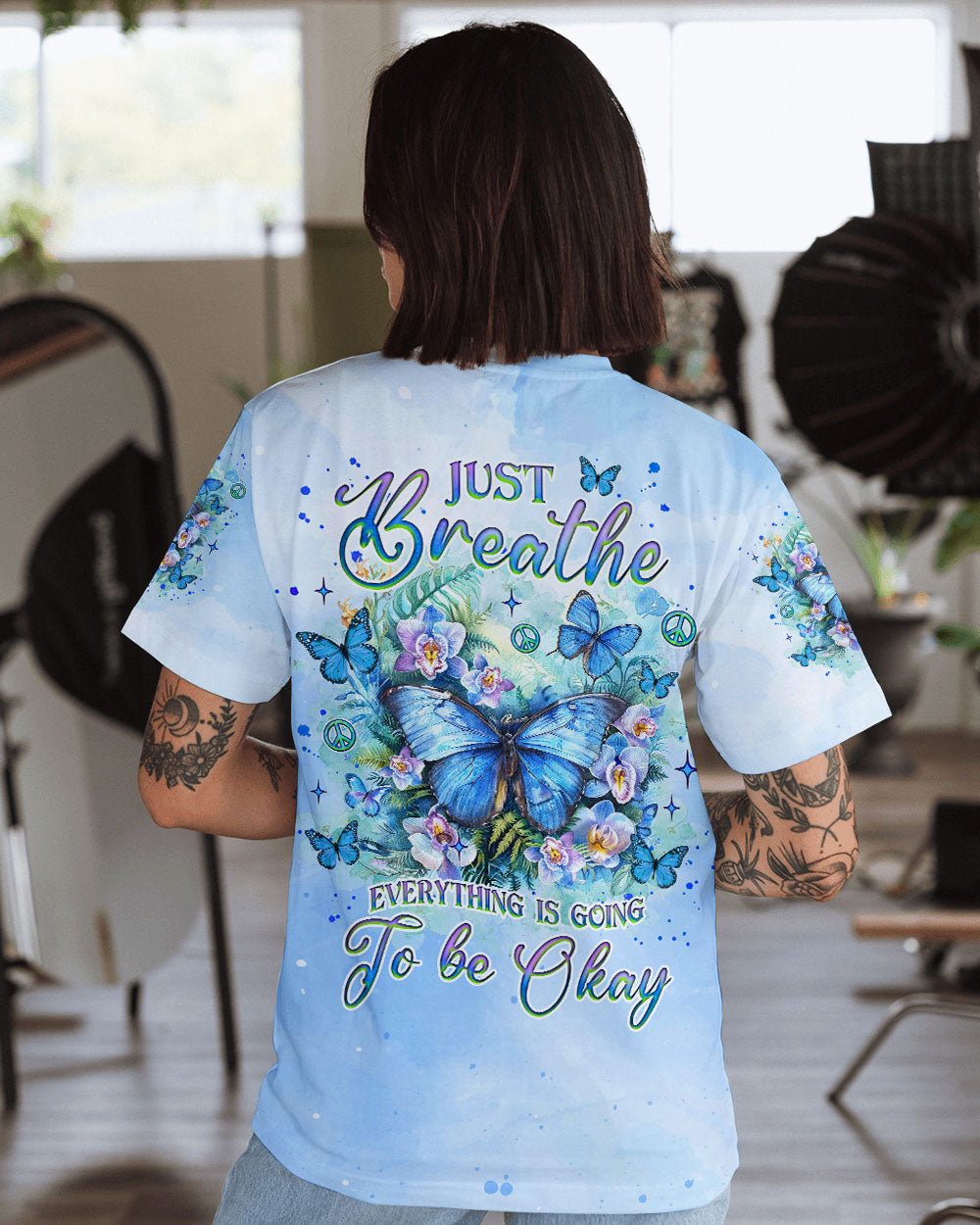 Just Breathe Everything Is Going to Be Okay Blue Butterfly Tie Dye AOP Shirts _1_ 1uFAJ