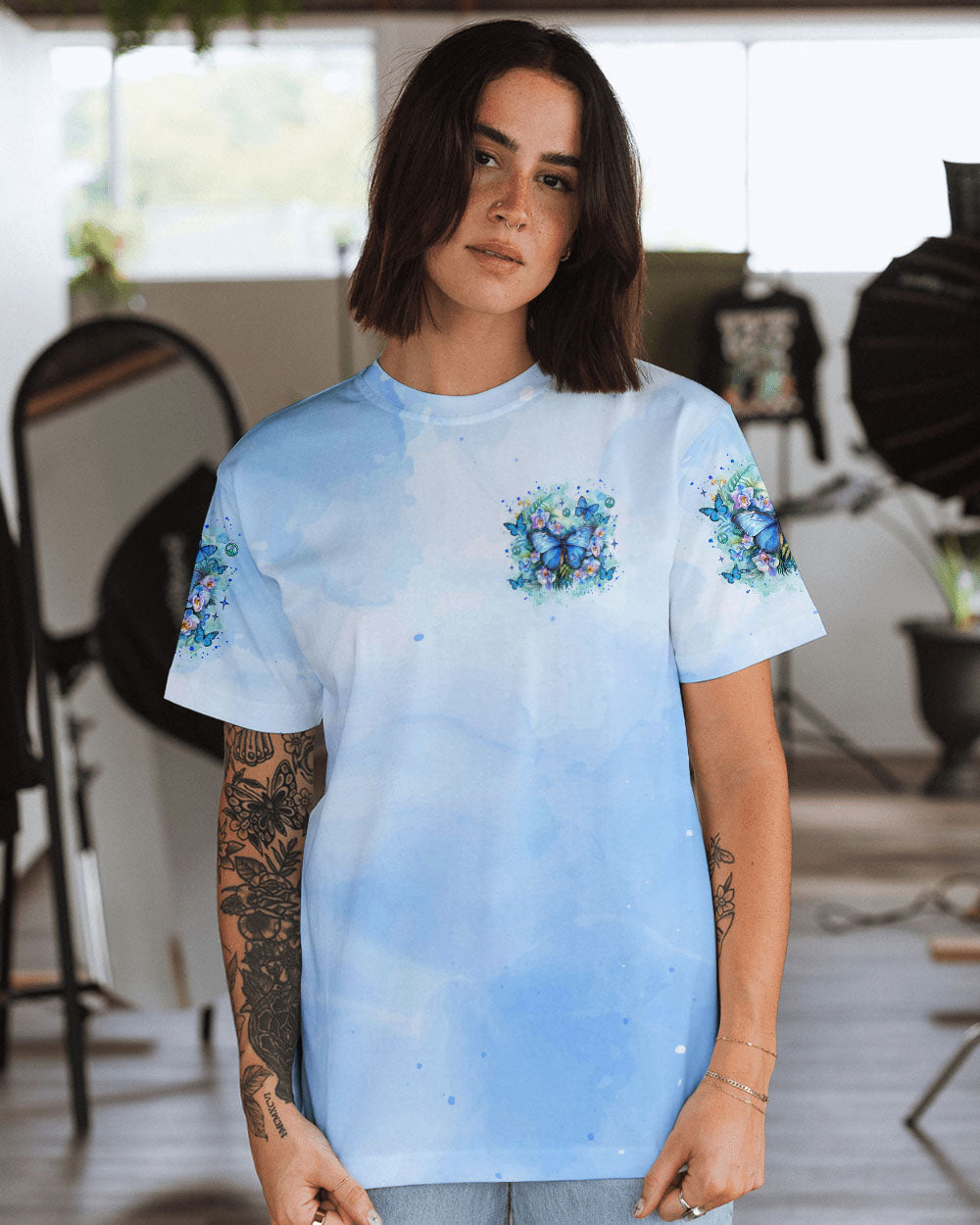 Just Breathe Everything Is Going to Be Okay Blue Butterfly Tie Dye AOP Shirts _3_ E1nqT