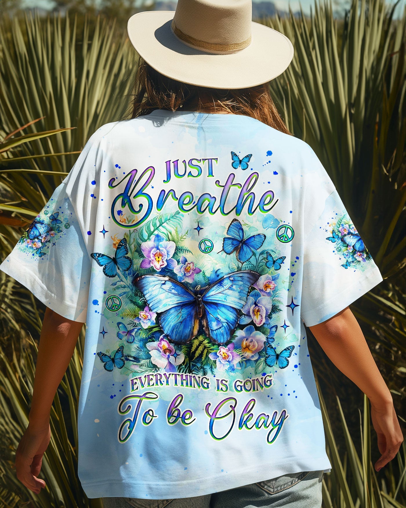 Just Breathe Everything Is Going to Be Okay Blue Butterfly Tie Dye AOP Shirts _4_ p8bQs