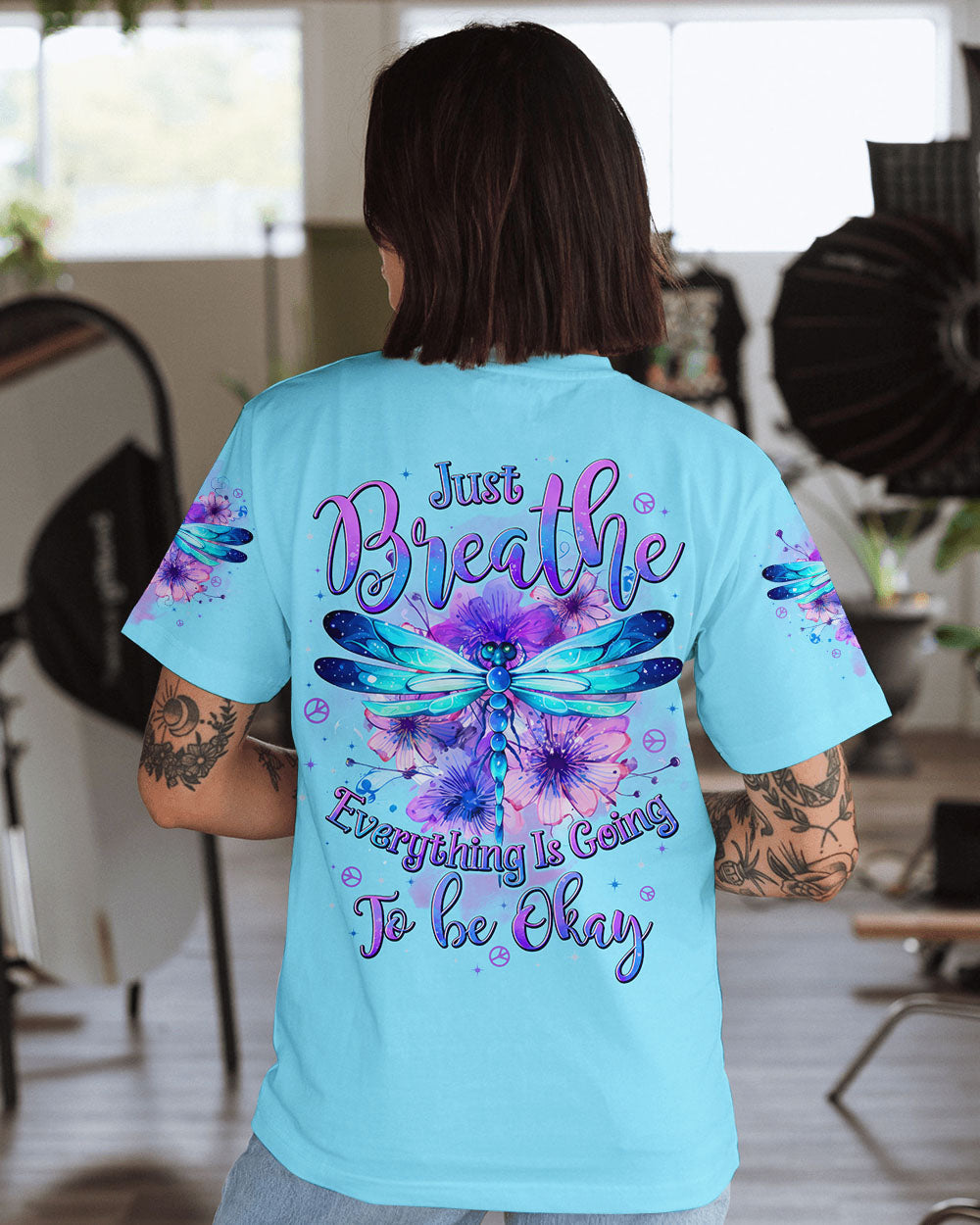 Just Breathe Everything Is Going to Be Okay Blue Dragonfly Peace Floral AOP Shirts _1_ eaRx6