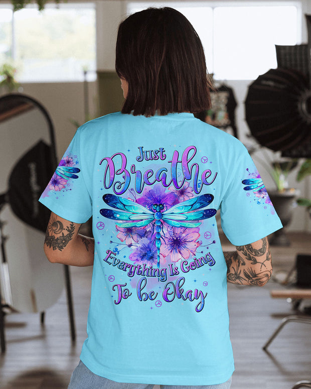 Just Breathe Everything Is Going to Be Okay - Blue Dragonfly Peace Floral - AOP Shirts