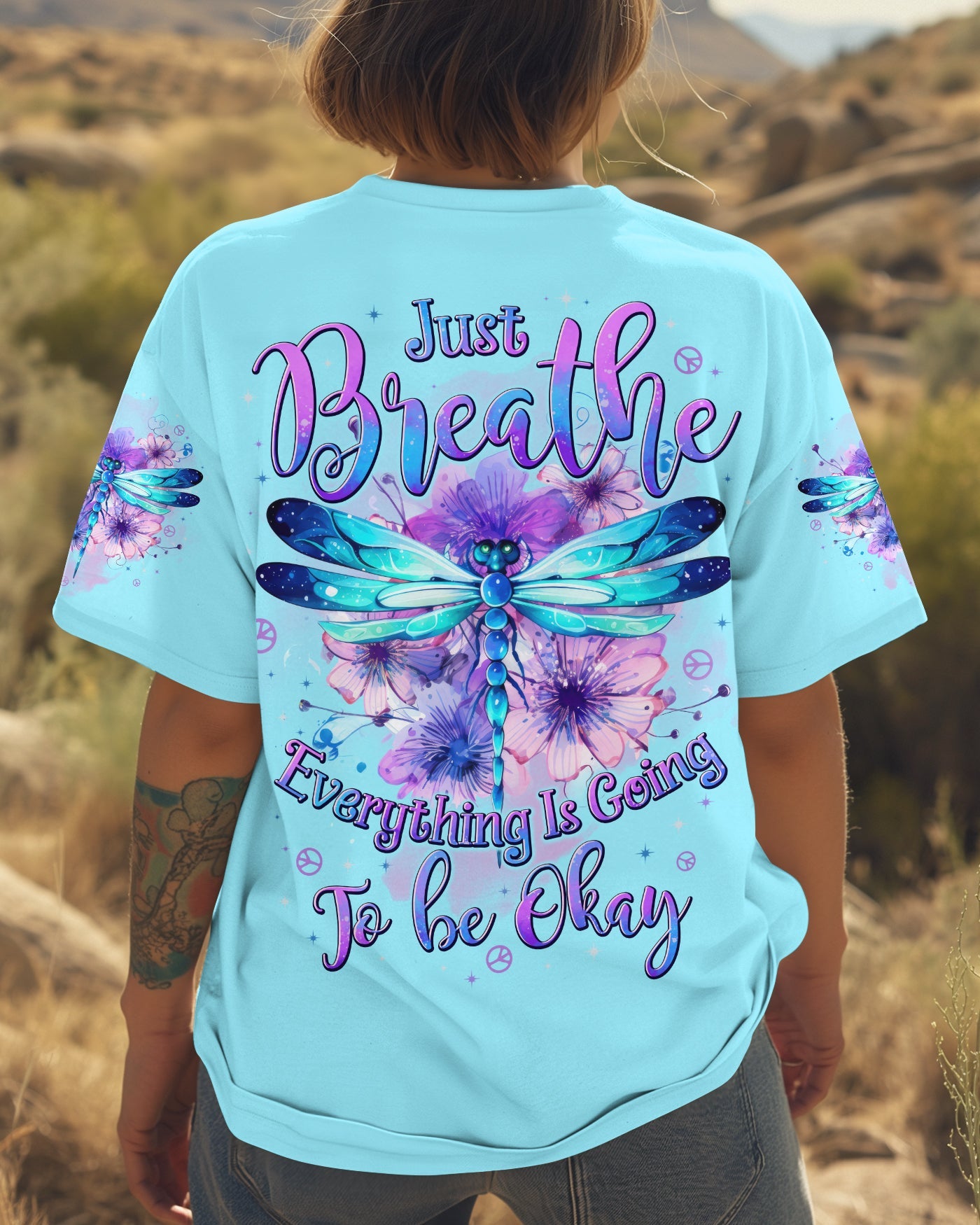 Just Breathe Everything Is Going to Be Okay Blue Dragonfly Peace Floral AOP Shirts _3_ ls4LK