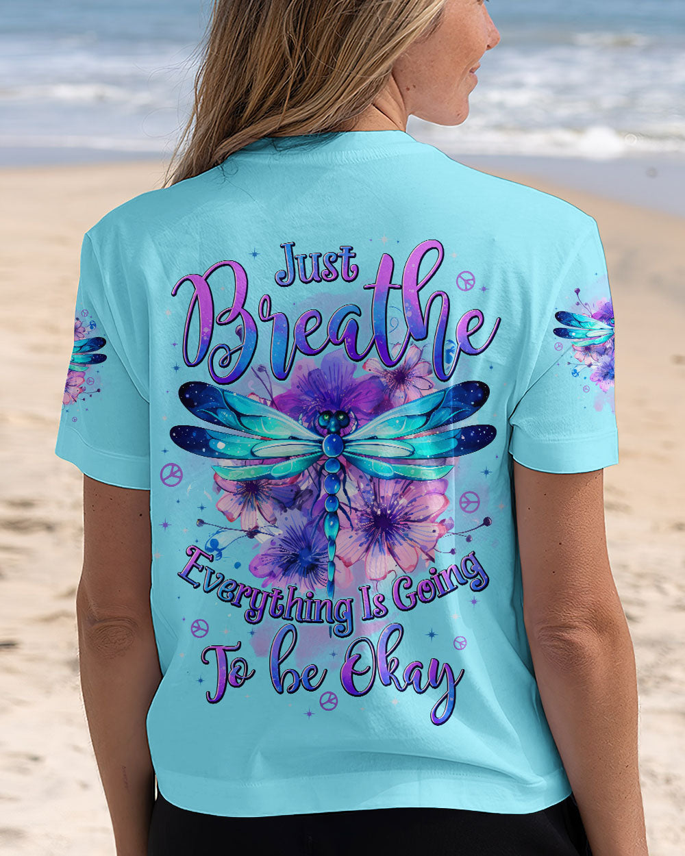 Just Breathe Everything Is Going to Be Okay Blue Dragonfly Peace Floral AOP Shirts _5_ ZFytk