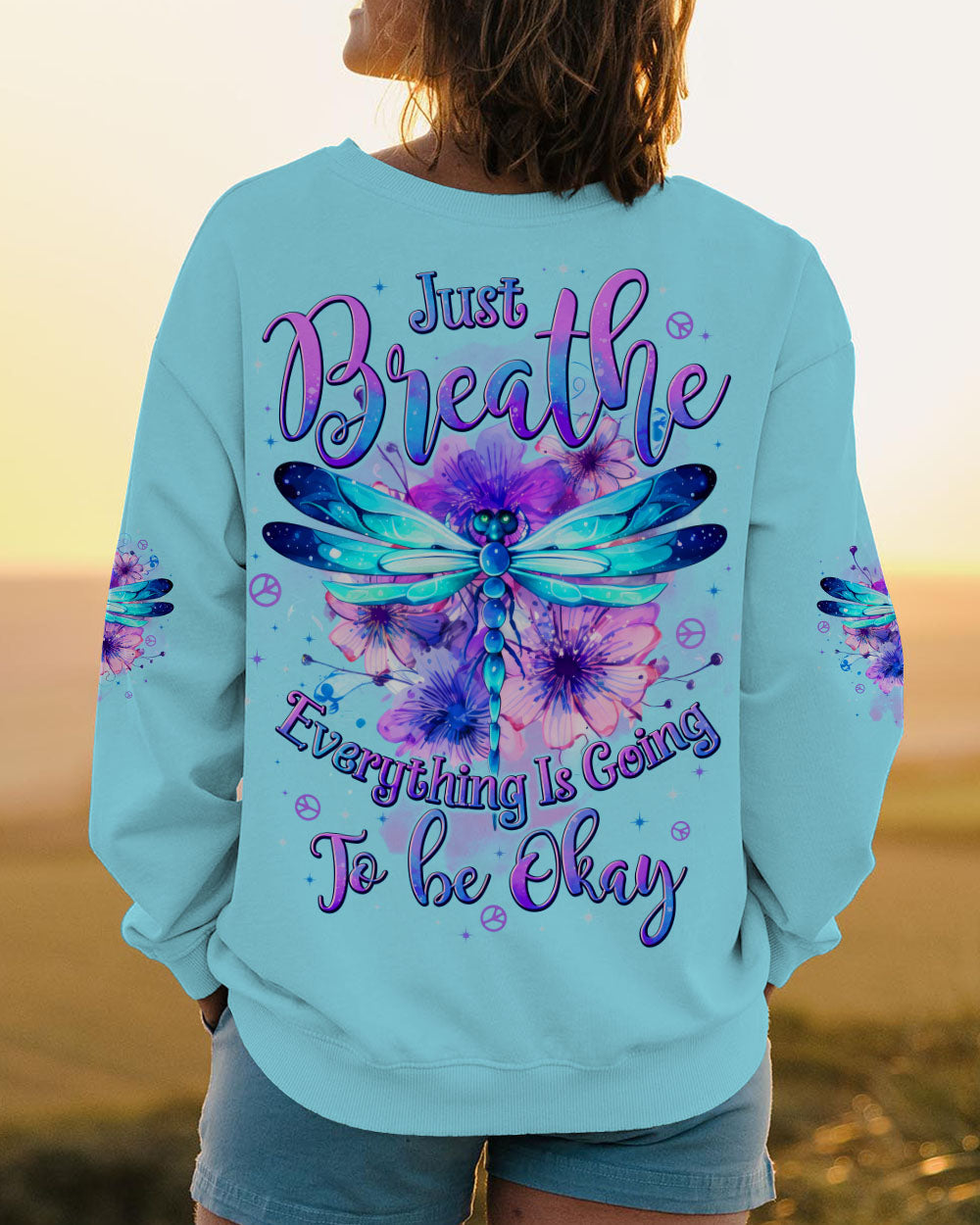 Just Breathe Everything Is Going to Be Okay Blue Dragonfly Peace Floral AOP Shirts _9_ grXfF