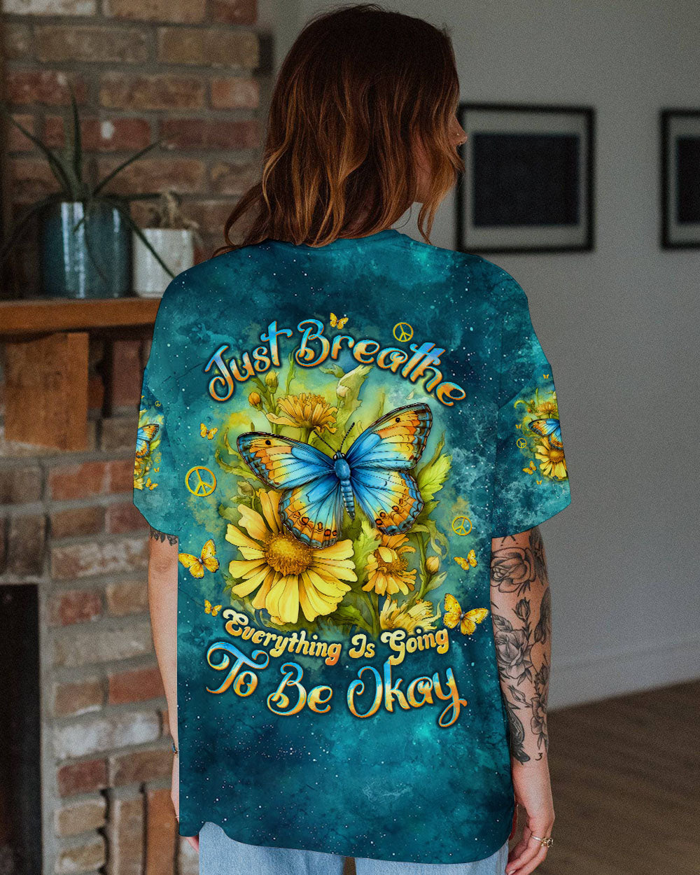Just Breathe Everything Is Going to Be Okay Butterfly Floral Positivity AOP Shirts _11_ 2A2Ru