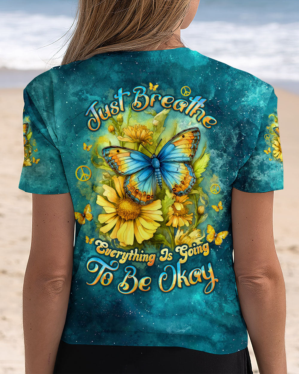 Just Breathe Everything Is Going to Be Okay Butterfly Floral Positivity AOP Shirts _13_ XonVZ