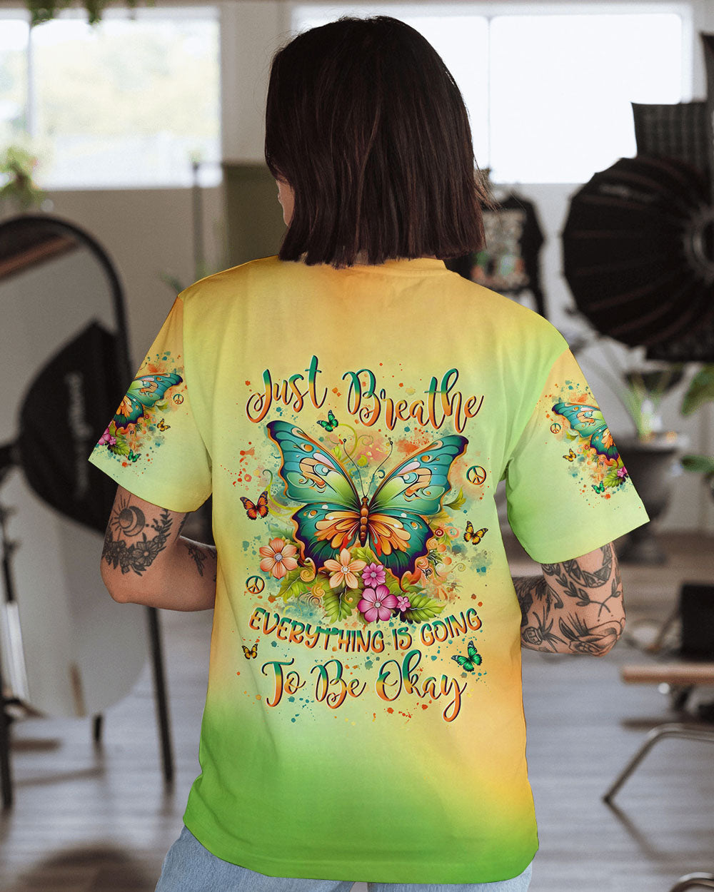 Just Breathe Everything Is Going to Be Okay Butterfly and Floral AOP Shirts _1_ iAo2a
