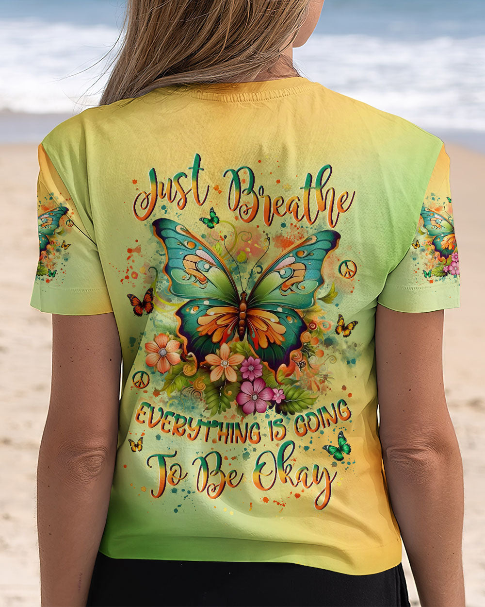 Just Breathe Everything Is Going to Be Okay Butterfly and Floral AOP Shirts _3_ kFcSU