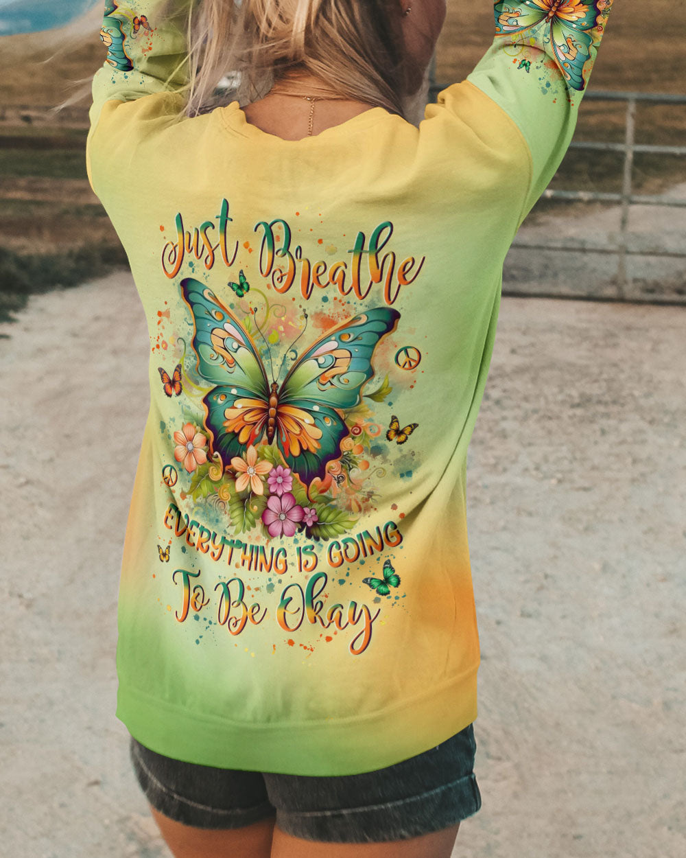 Just Breathe Everything Is Going to Be Okay Butterfly and Floral AOP Shirts _7_ JUsqd