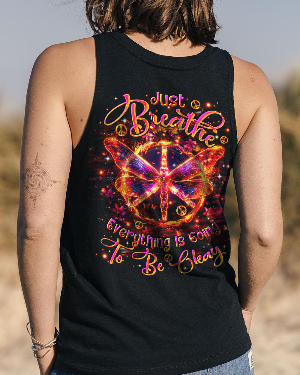 Just Breathe Everything Is Going to Be Okay Butterfly and Peace Sign Motivational AOP Shirts _11_ gHJbt