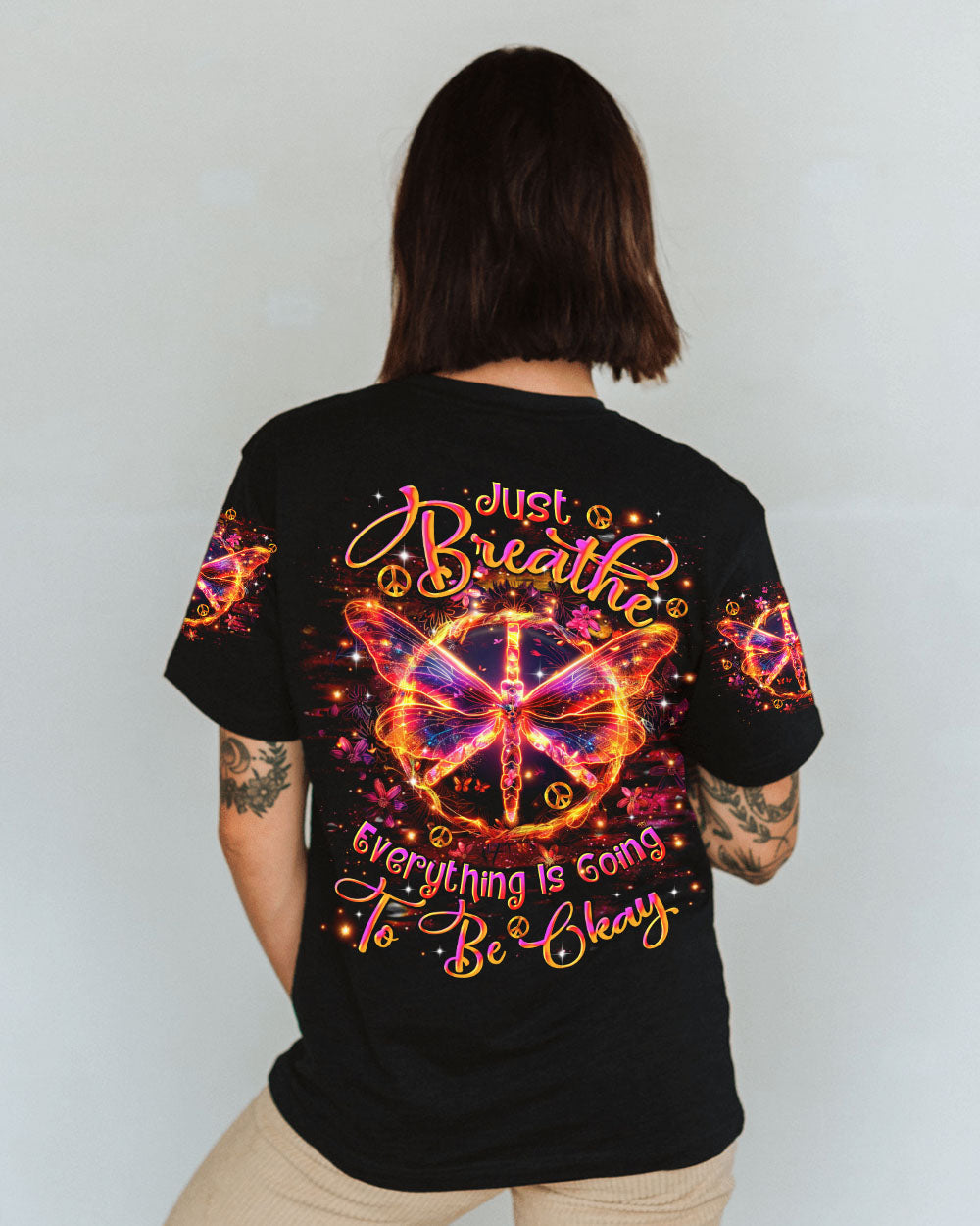 Just Breathe Everything Is Going to Be Okay Butterfly and Peace Sign Motivational AOP Shirts _1_ CGVB1