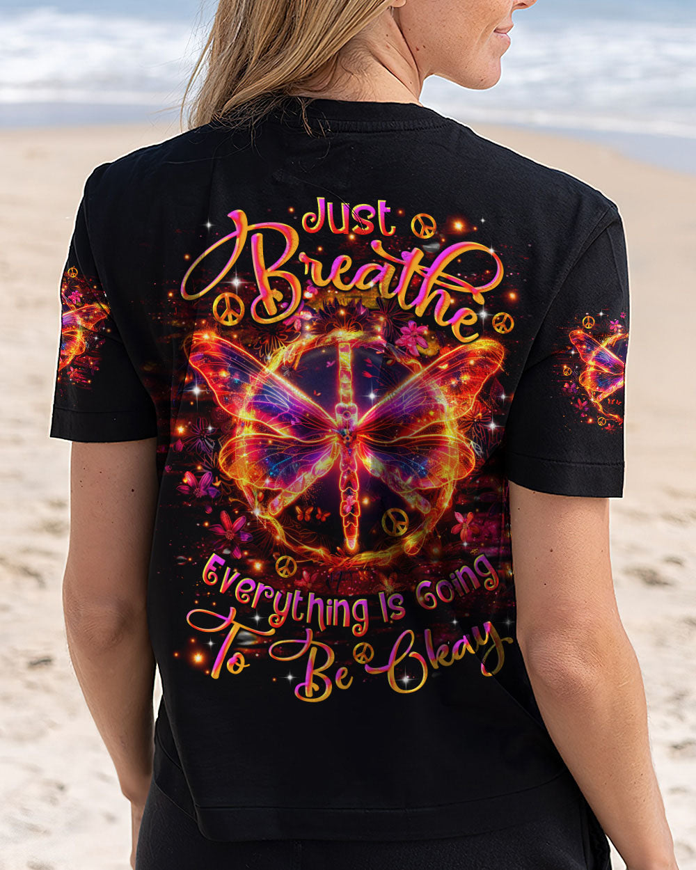 Just Breathe Everything Is Going to Be Okay Butterfly and Peace Sign Motivational AOP Shirts _3_ nPa3B