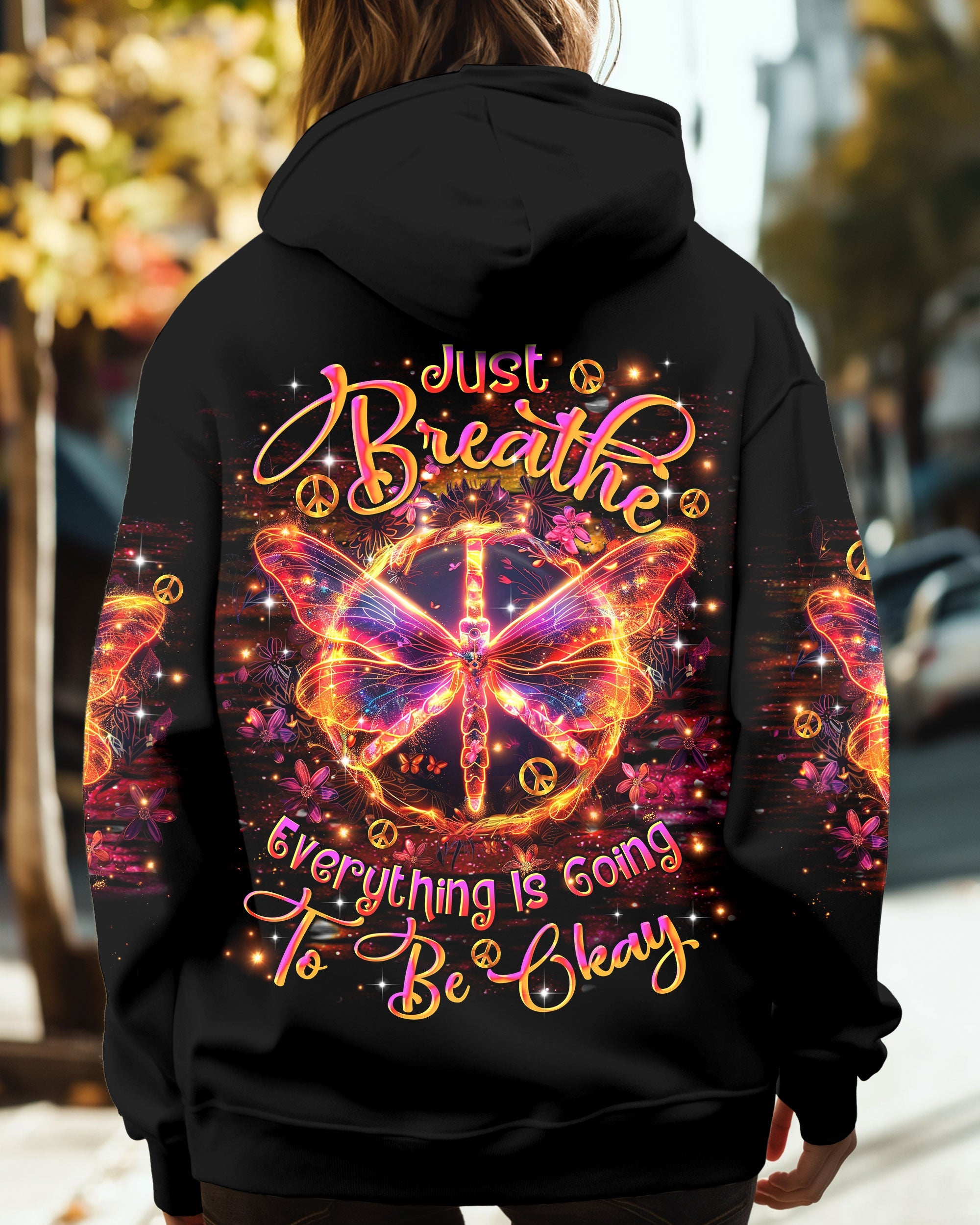 Just Breathe Everything Is Going to Be Okay Butterfly and Peace Sign Motivational AOP Shirts _4_ BPKA6