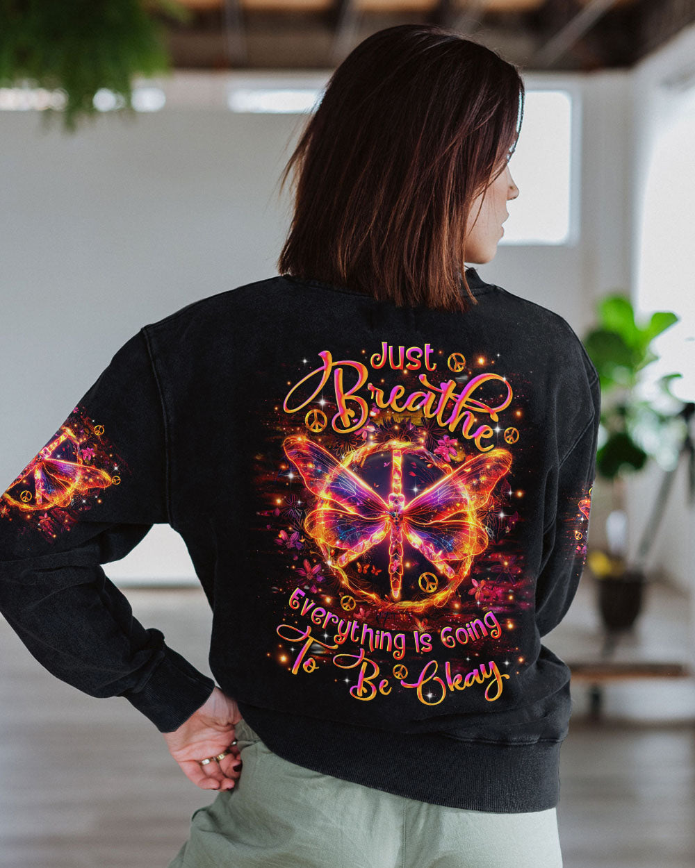 Just Breathe Everything Is Going to Be Okay Butterfly and Peace Sign Motivational AOP Shirts _7_ E0S0b