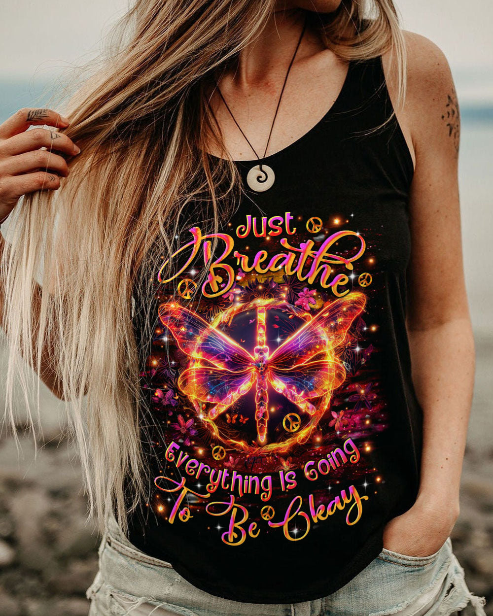 Just Breathe Everything Is Going to Be Okay Butterfly and Peace Sign Motivational AOP Shirts _9_ 3OtXq