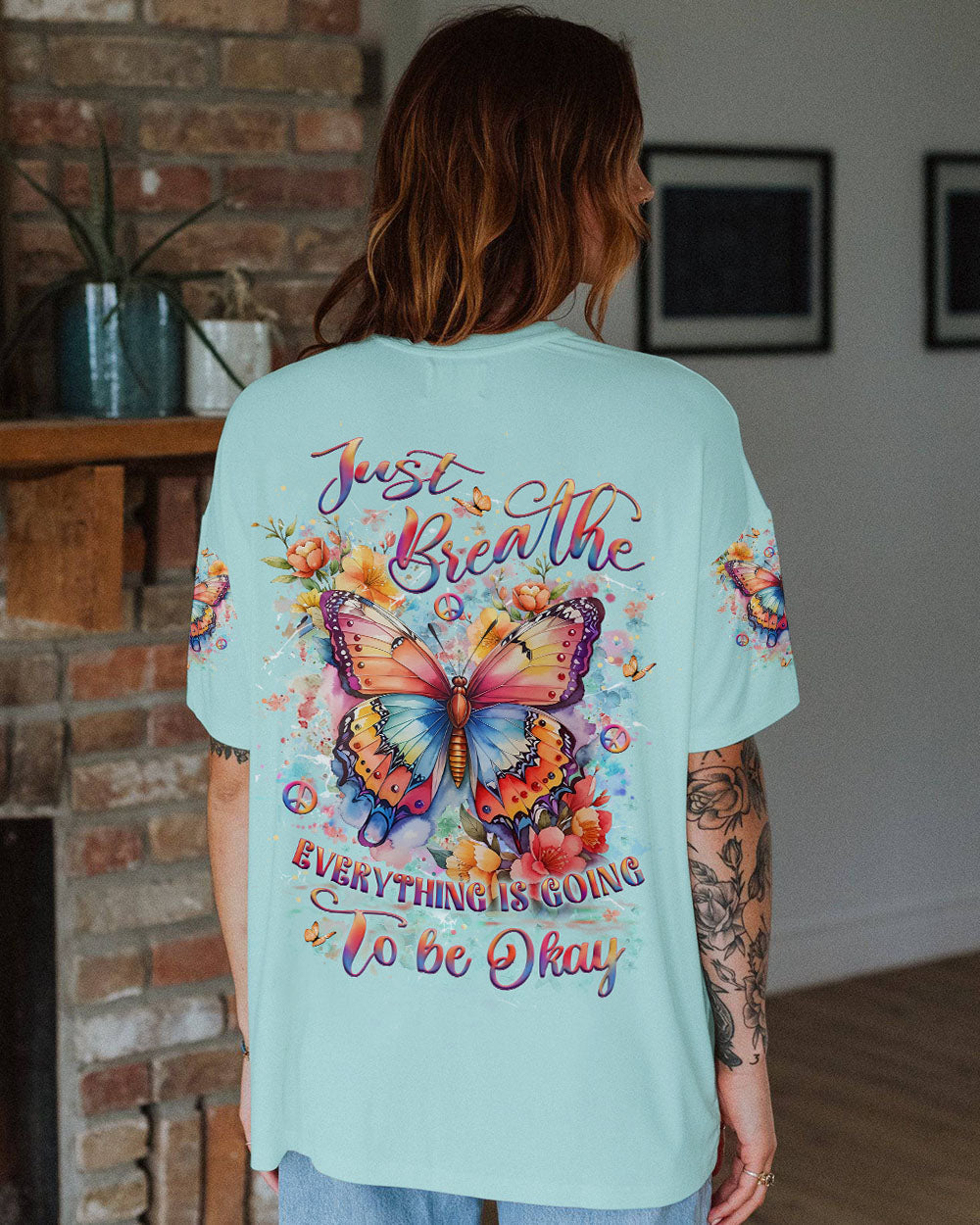 Just Breathe Everything Is Going to Be Okay Colorful Butterfly AOP Shirts _11_ 5Rb31