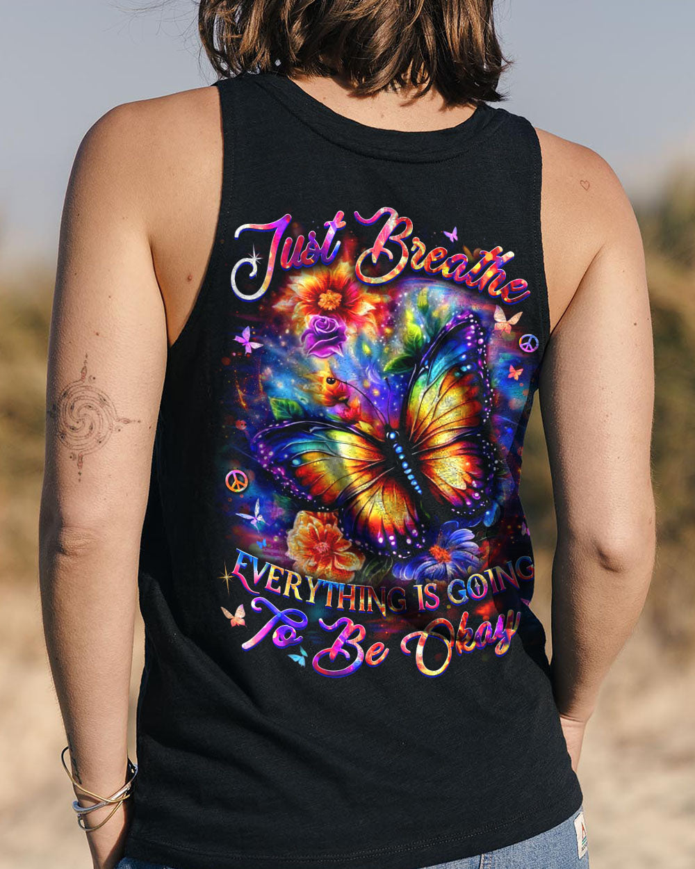 Just Breathe Everything Is Going to Be Okay Colorful Butterfly Floral Graphic AOP Shirts _13_ wtHXR