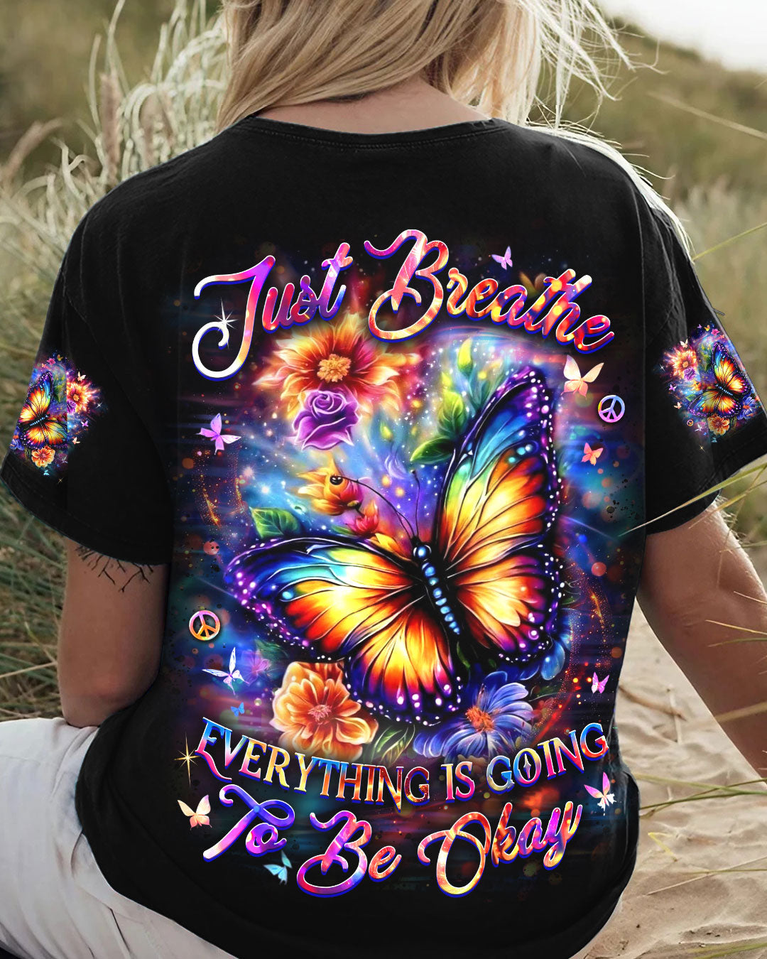Just Breathe Everything Is Going to Be Okay Colorful Butterfly Floral Graphic AOP Shirts _3_ 4Ddev